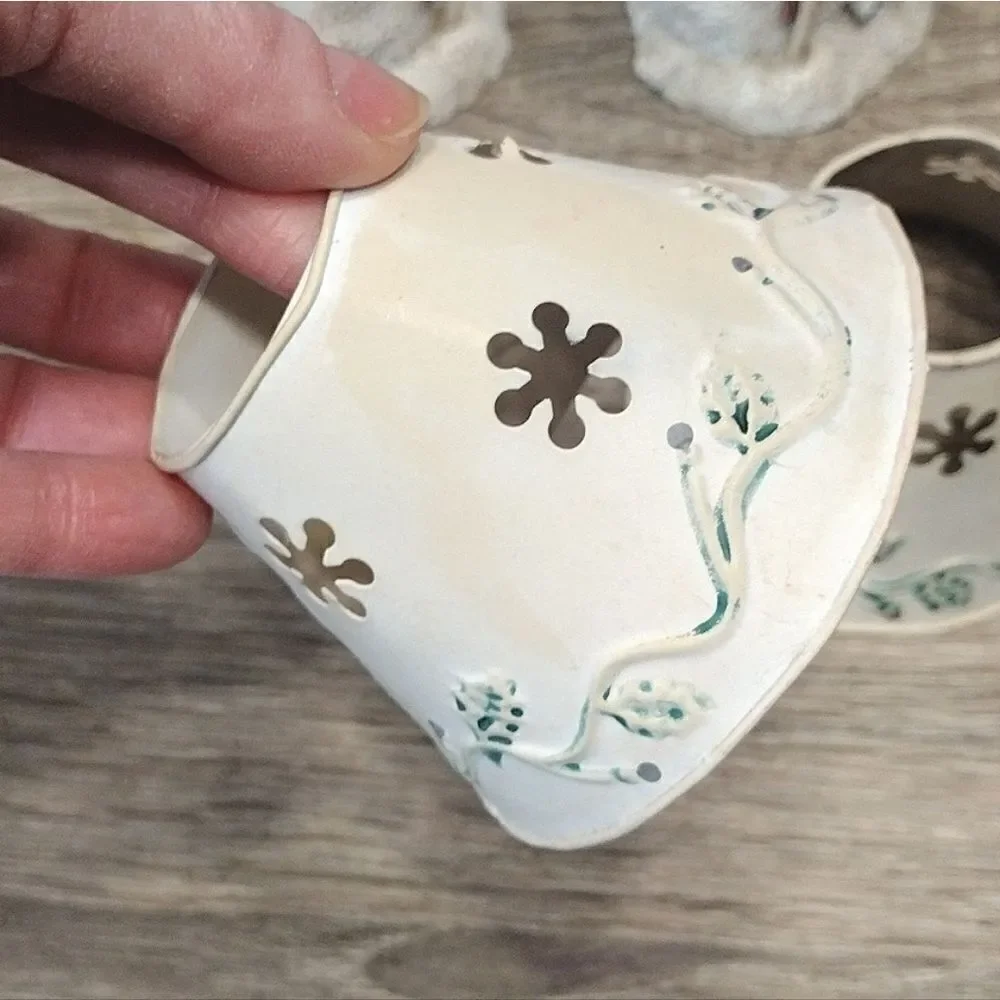 VTG Set of 2 Christmas Ceramic Snowman‎ Metal Shade Tealight Holders